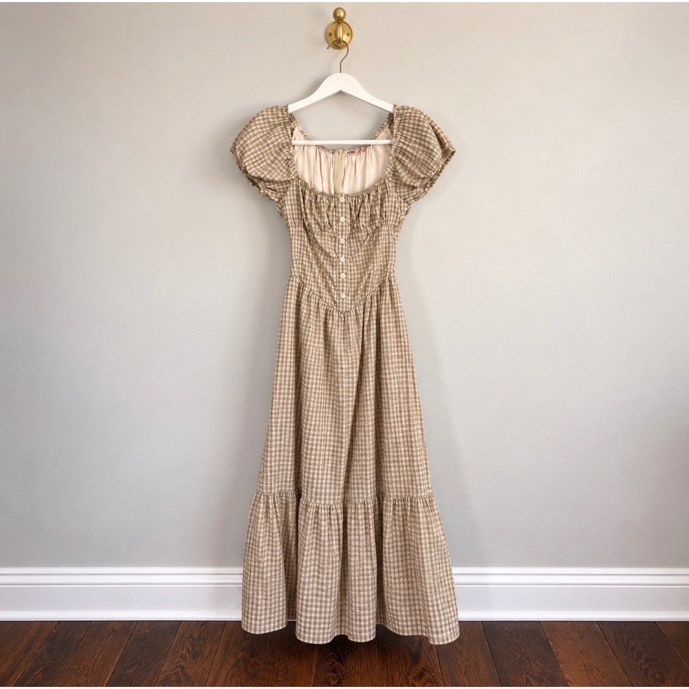 Bailey Rose Tan Plaid Puff Sleeve Maxi Dress BRD3196 XS Cottagecore Tiered